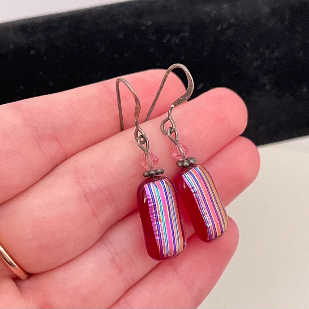 Red GLASS Summer Beach Hippie Festival Mermaid Fairy Geometric Stripped Earrings - Picture 2 of 8